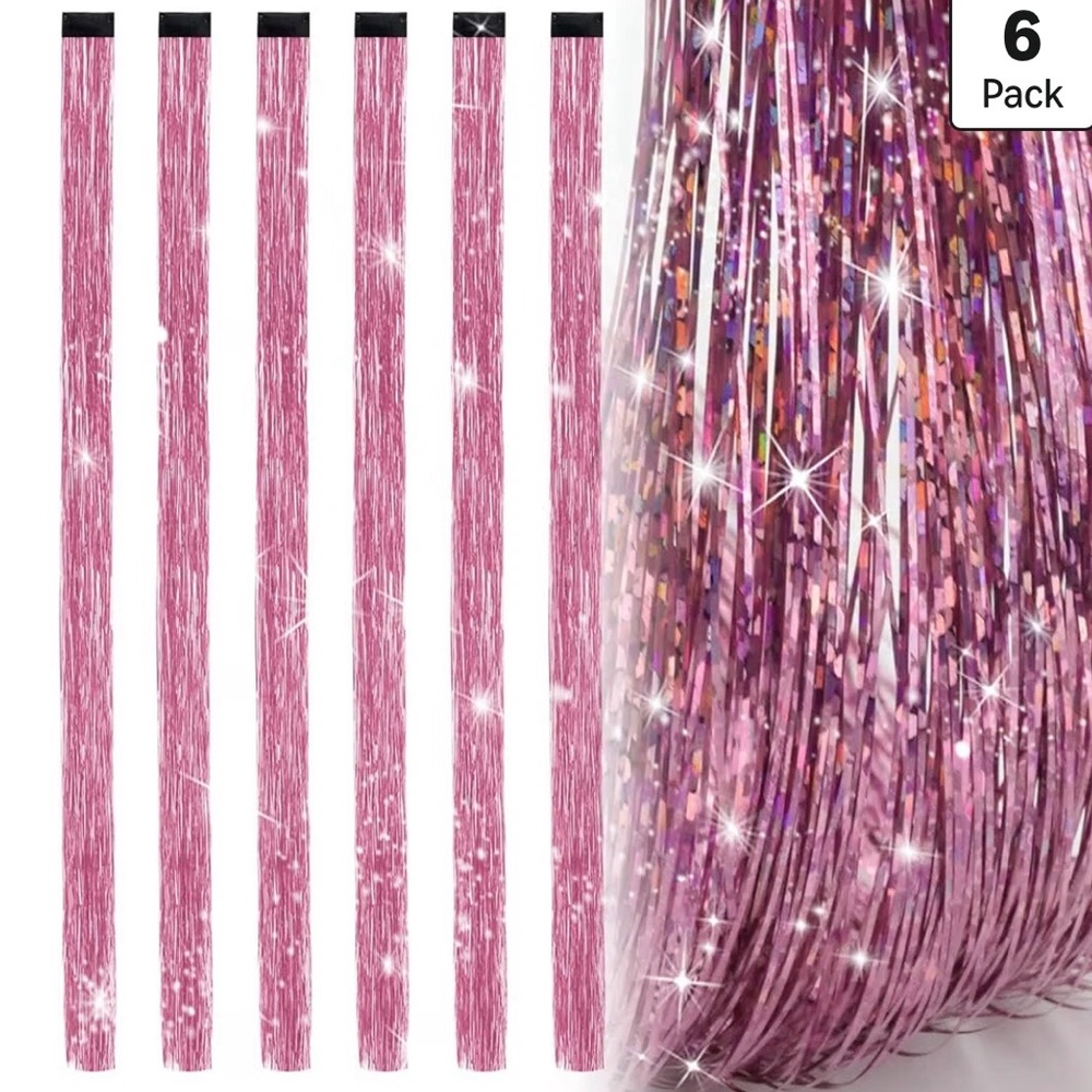 Pink Hair Tinsel Clip-In Extensions – 6 Pc, 19.7” Fairy Hair